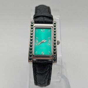 Emerald Green Rectangular Crystal Bezel Watch Black Leather Strap Runs